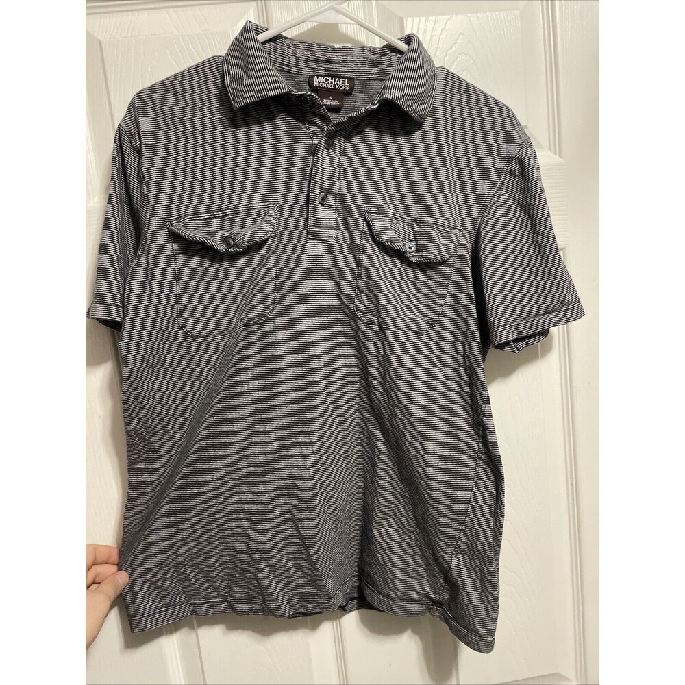 Michael Kors Men's Pinstripe Collared Short Sleeve Polo Shirt Gray Size Small